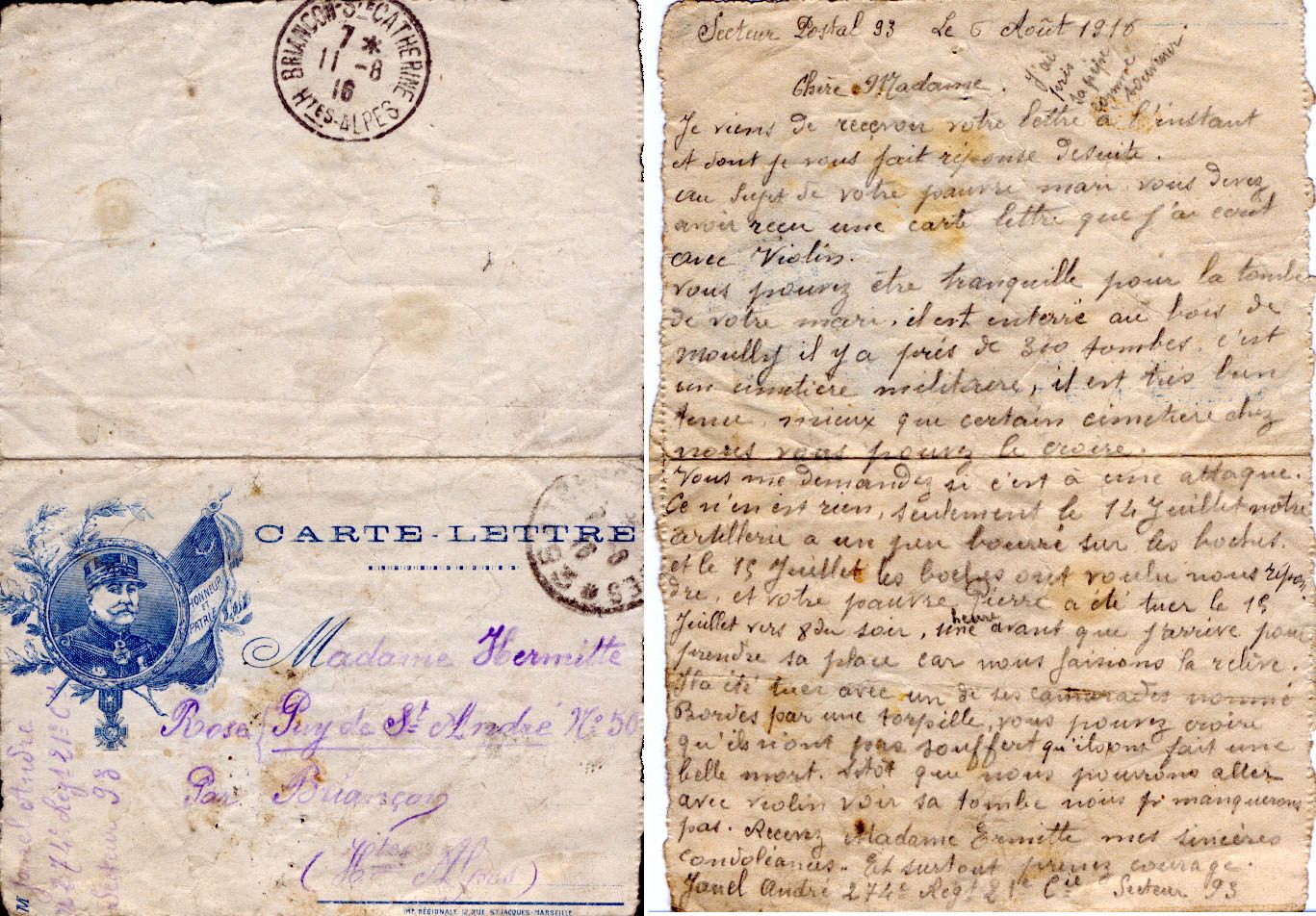 Carte-lettre adressée à sa veuve par son camarade de combat qui a pris sa relève, écrite le lendemain de sa mort au champ d'honneur