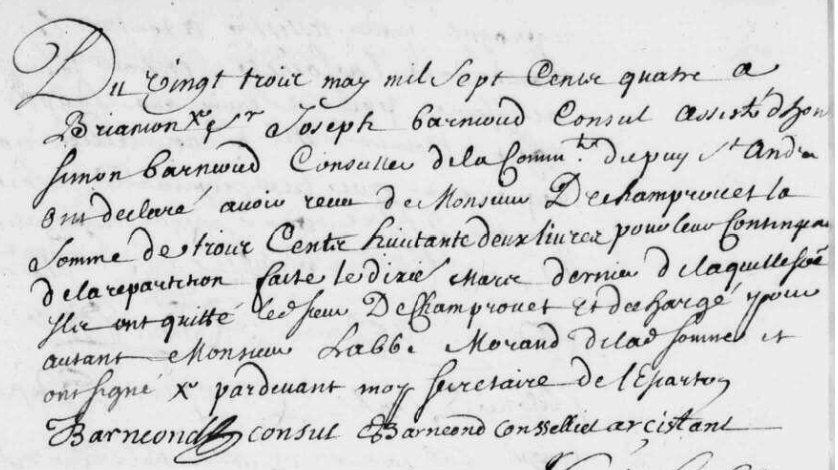 Délibérations signées par Joseph BARNEOUD, consul et Jean Simon BARNEOUD conseiller de Puy-Saint-André (23/05/1704)