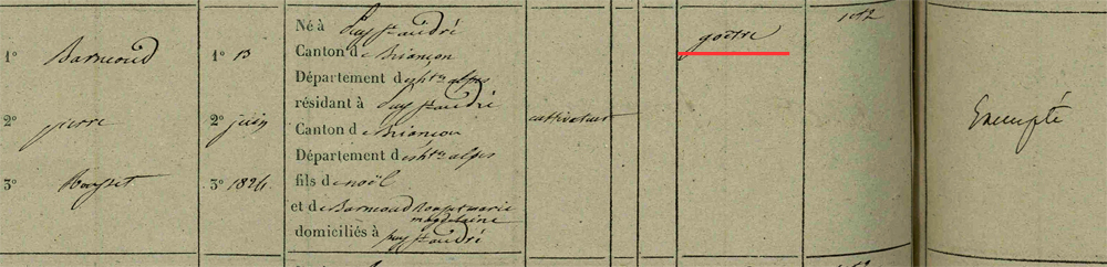 exemption de Pierre BARNEOUD ROUSSET (1824-1886) pour goitre